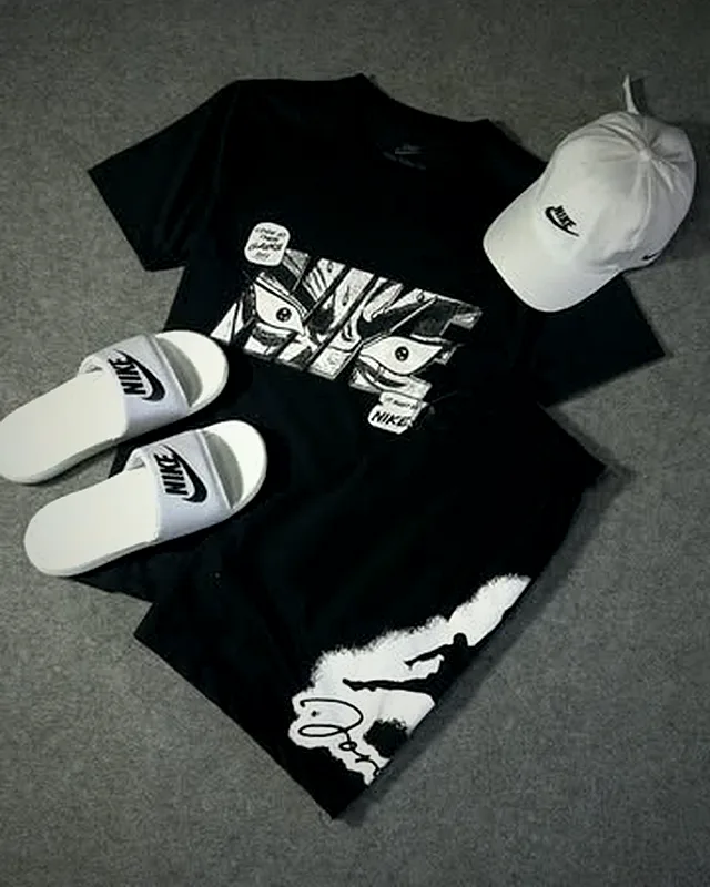 Black Nike look with white slides and a cap